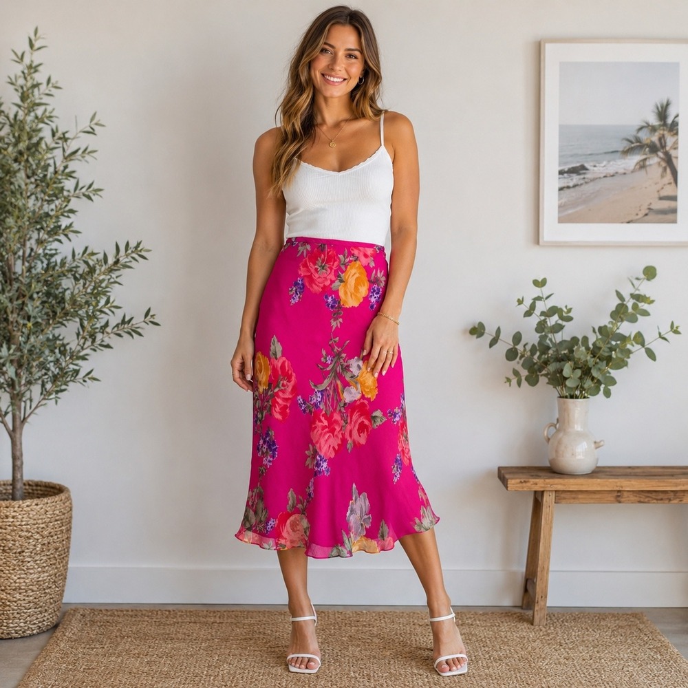 Lauren Ralph Lauren Silk Floral Bias Midi Skirt Pink Size 10 Cottagecore Boho
